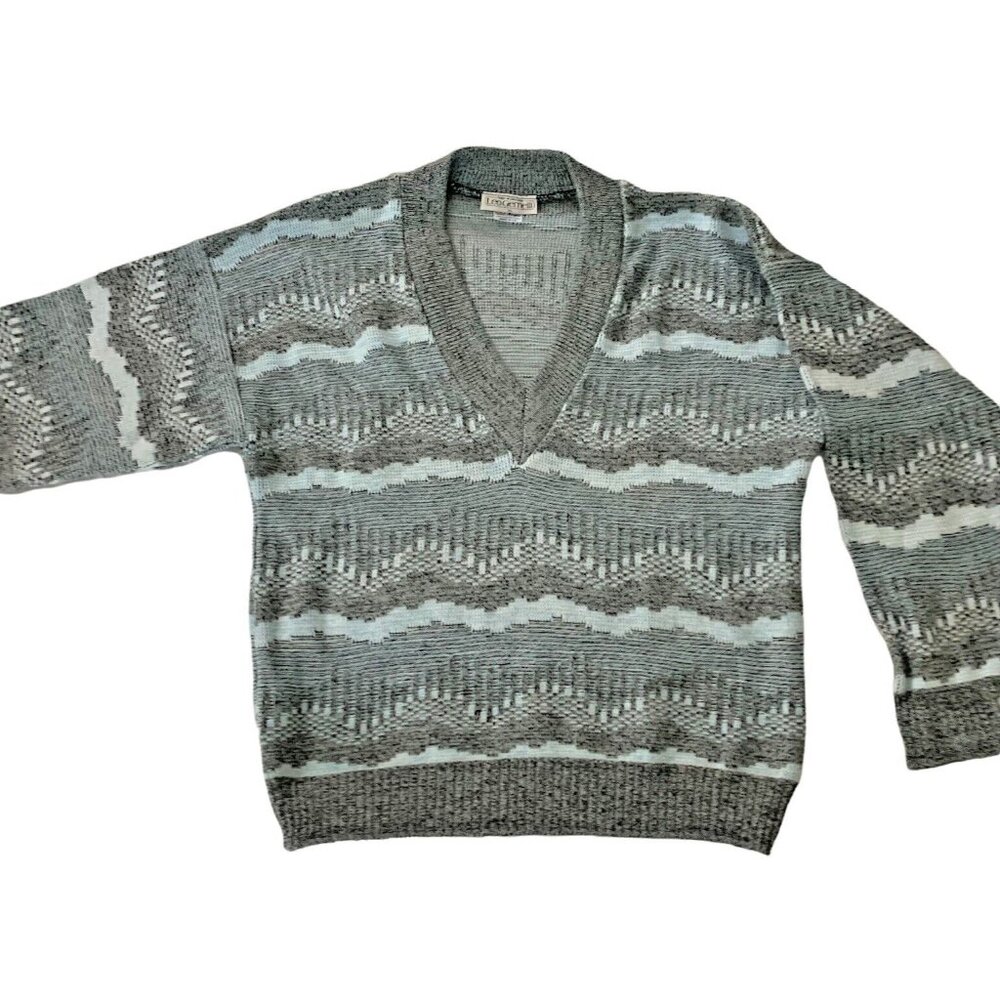 Vintage 1970s Leo Gemelli England Baby Blue Gray Stripe V Neck Sweater Mens XL